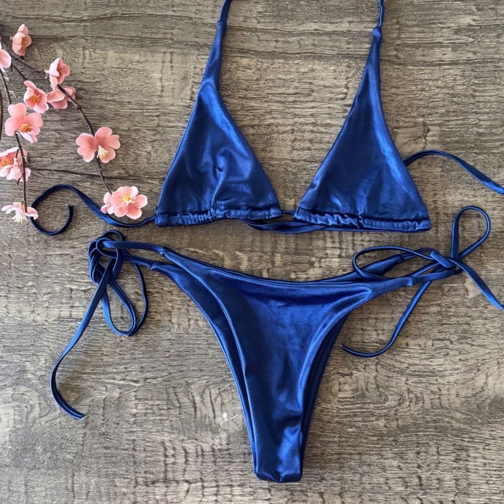 Navy Blue Satin Bikini Set Triangle Halter Top Side Tie Brazilian Bottoms M